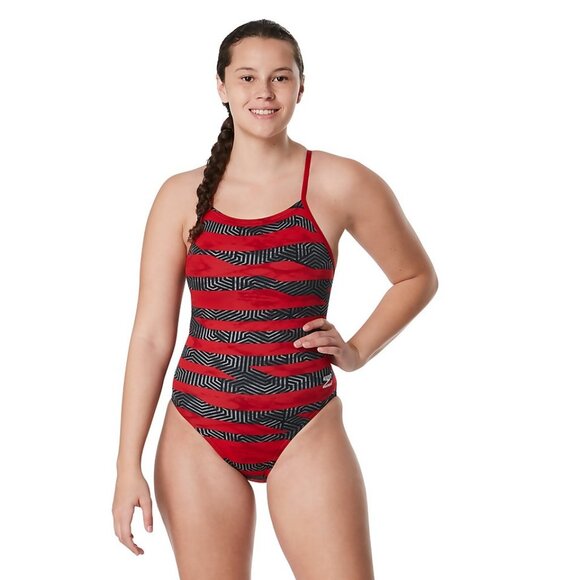 Speedo NWT Womens 10 / 36‎ One Piece Red Swimsuit Contort Stripes Crossback - Picture 2 of 9